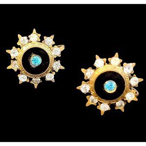 Vintage Sunburst Design Gold Tone Screw Back Earrings Blue & Clear Stones 1950s